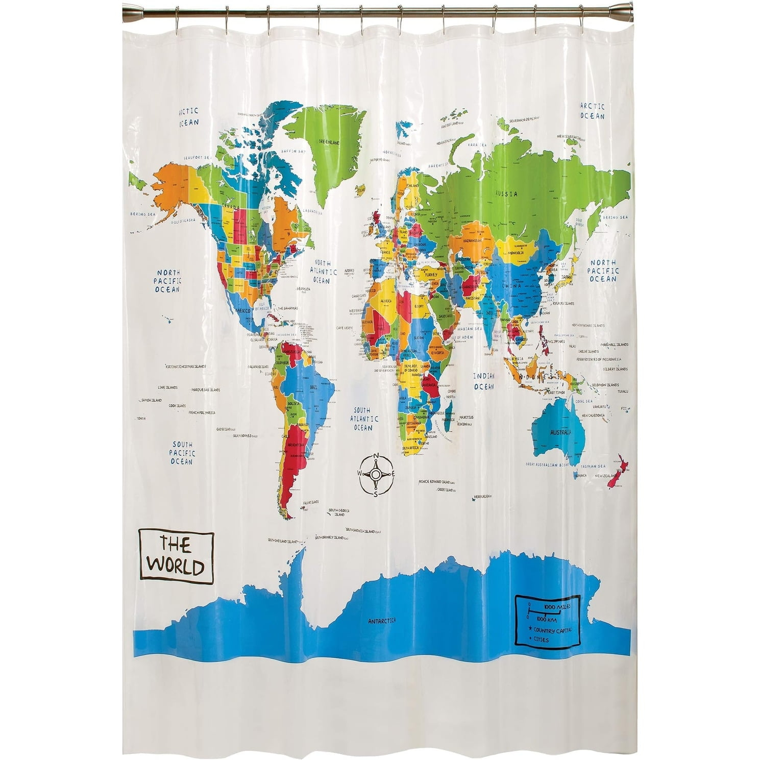 The World Shower Curtain, Multi 70"x72", Global Map Design