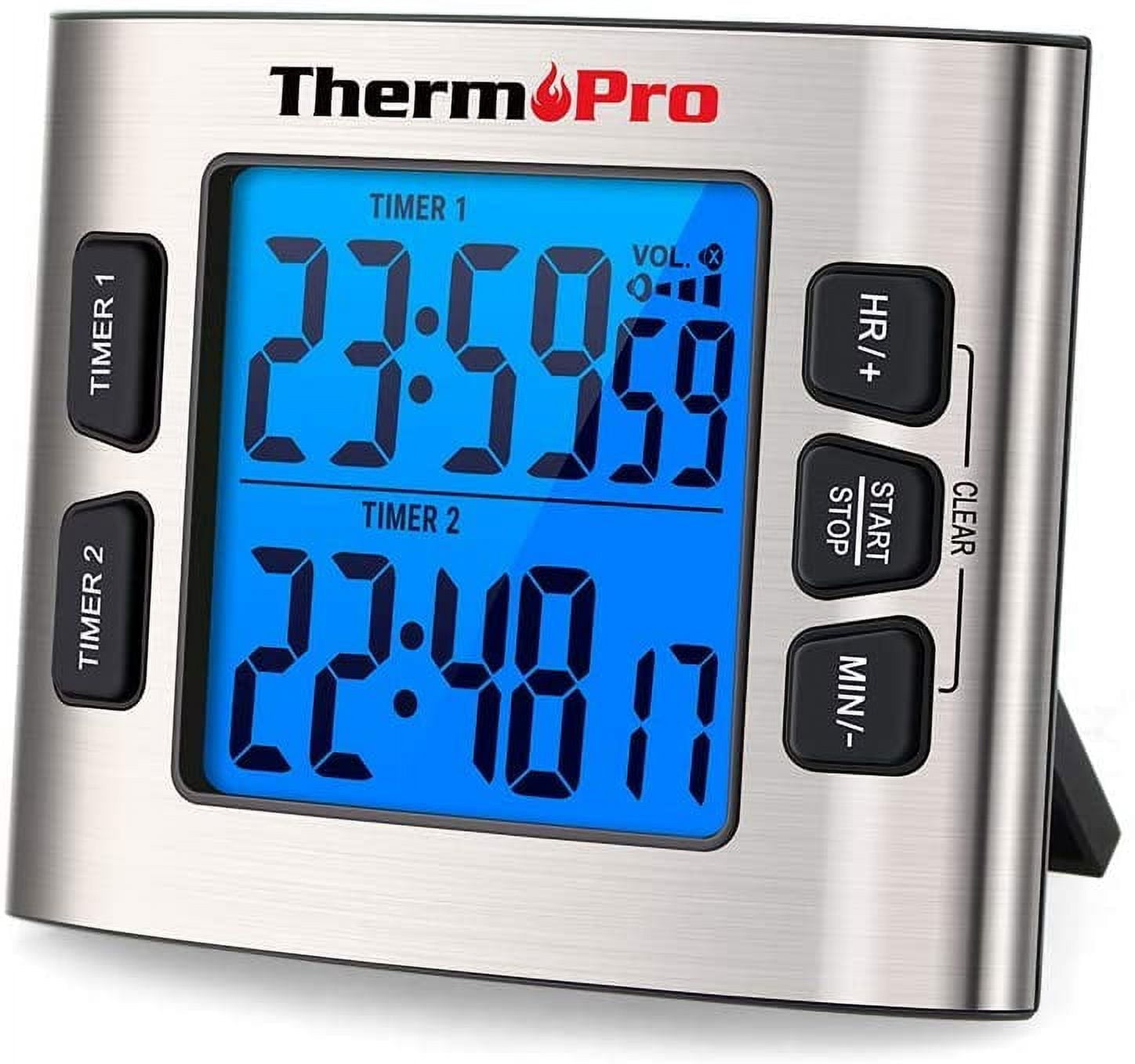 ThermoPro TM02 Digital Kitchen Timer with Dual Countdown Stop Watches Timer, Magnetic Timer Clock with Adjustable Loud Alarm and Backlight LCD Big Digits, 24 Hour Digital Timer for Kids Teachers