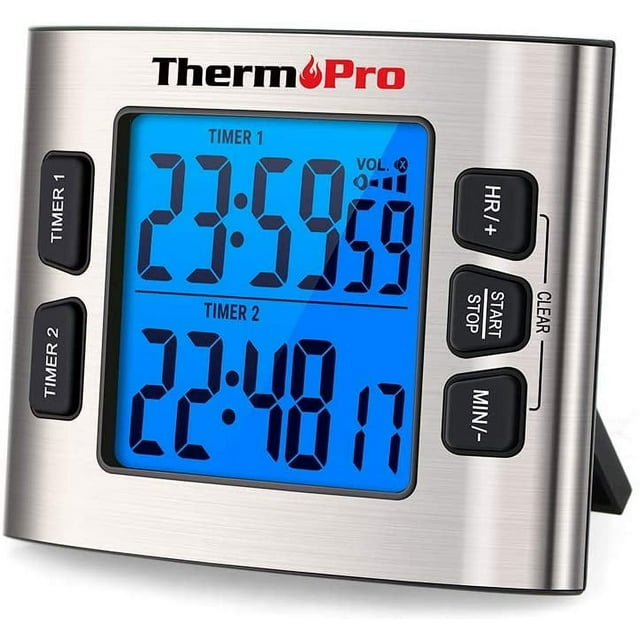 ThermoPro TM02 Digital Kitchen Timer with Dual Countdown Stop Watches Timer, Magnetic Timer Clock with Adjustable Loud Alarm and Backlight LCD Big Digits, 24 Hour Digital Timer for Kids Teachers