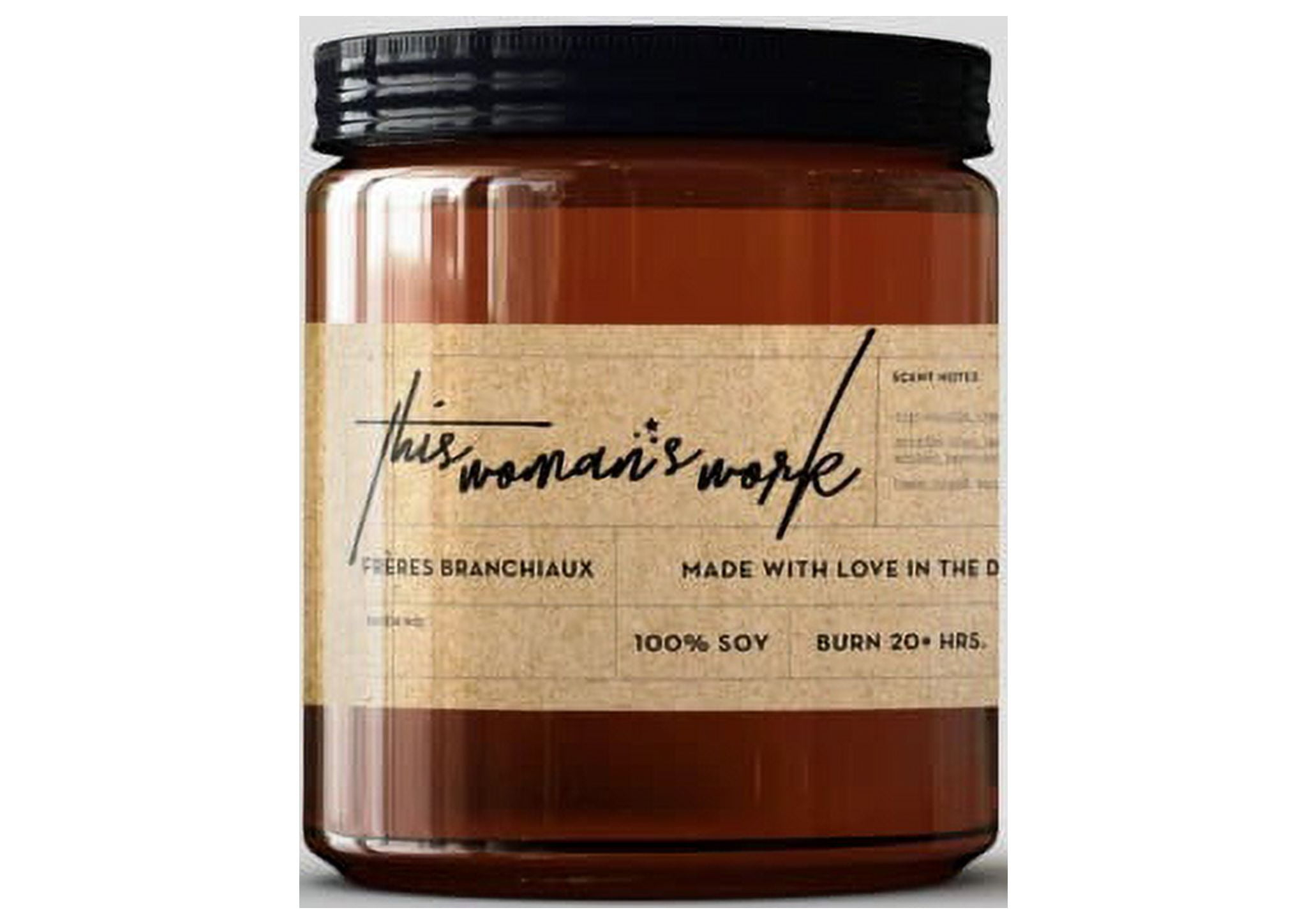 8oz This Woman's Work Candle - Freres Branchiaux: Soy Wax, Amber Glass Jar, 40hr Burn Time