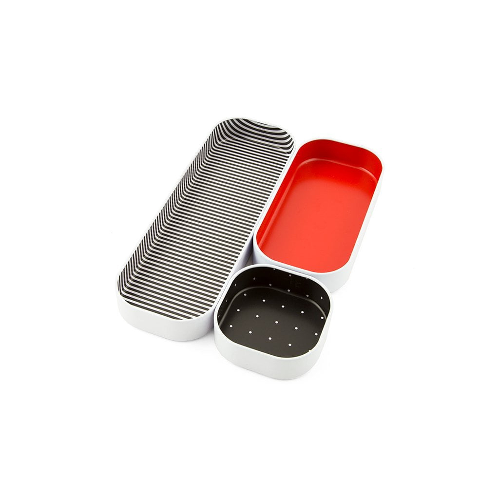 Three by Three Seattle 3 Piece Shallow Metal Organizer Tray Set for Storing Makeup, Stationery, Utensils, and More in Office Desk, Kitchen and Bathroom Drawers (1 Inch, Red Dots and Stripes)