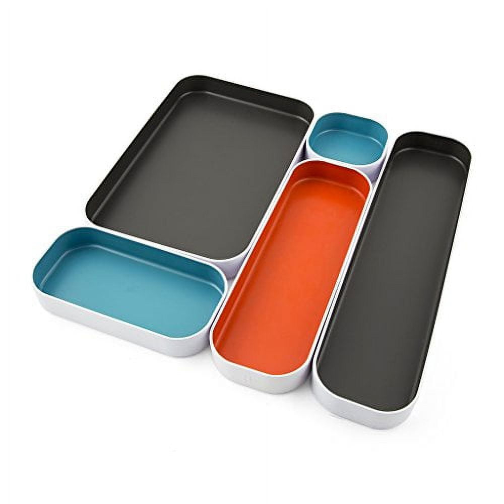 Three by Three Seattle 5 Piece Metal Organizer Tray Set for Storing Makeup, Stationary, Utensils, and More in Office Desk, Kitchen and Bathroom Drawers (1 Inch, Gray, Sky Blue, Orange)