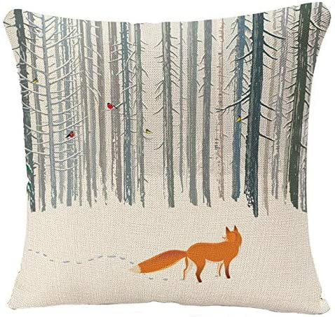 Throw Pillow Case Winter Forest Landscape Fox Bird Throw Pillow Covers Decorative Cushion Cover Sofa Bed Pillow Case 18 x 18 Inch