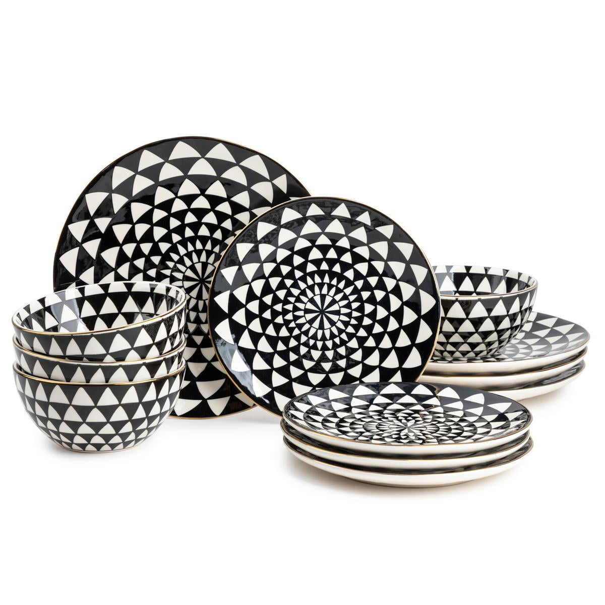 Thyme & Table Medallion 12-Piece Ceramic Dinnerware Set Black and White