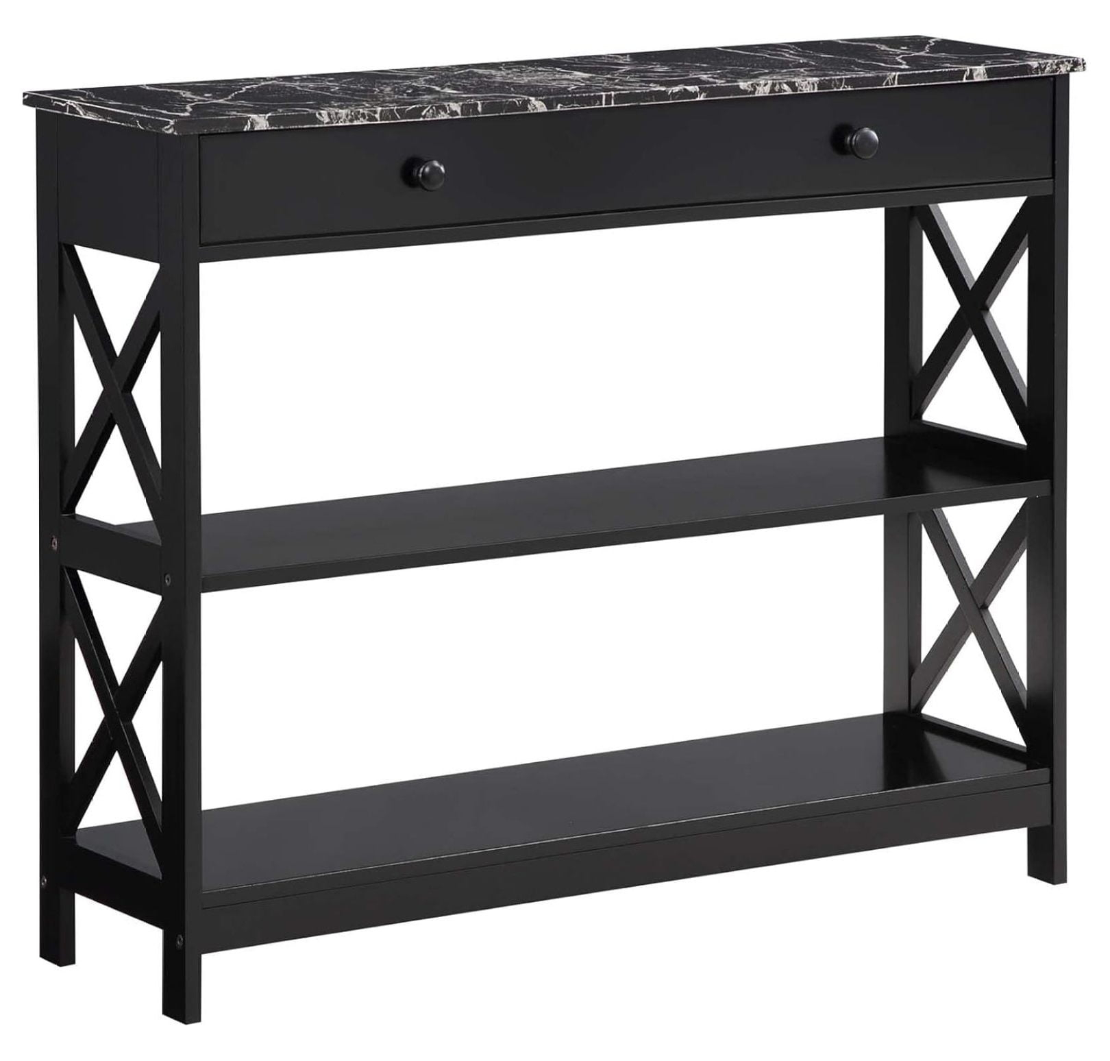 TiaGOC 1 Drawer Console Table with Shelves, Black Faux Marble/Black