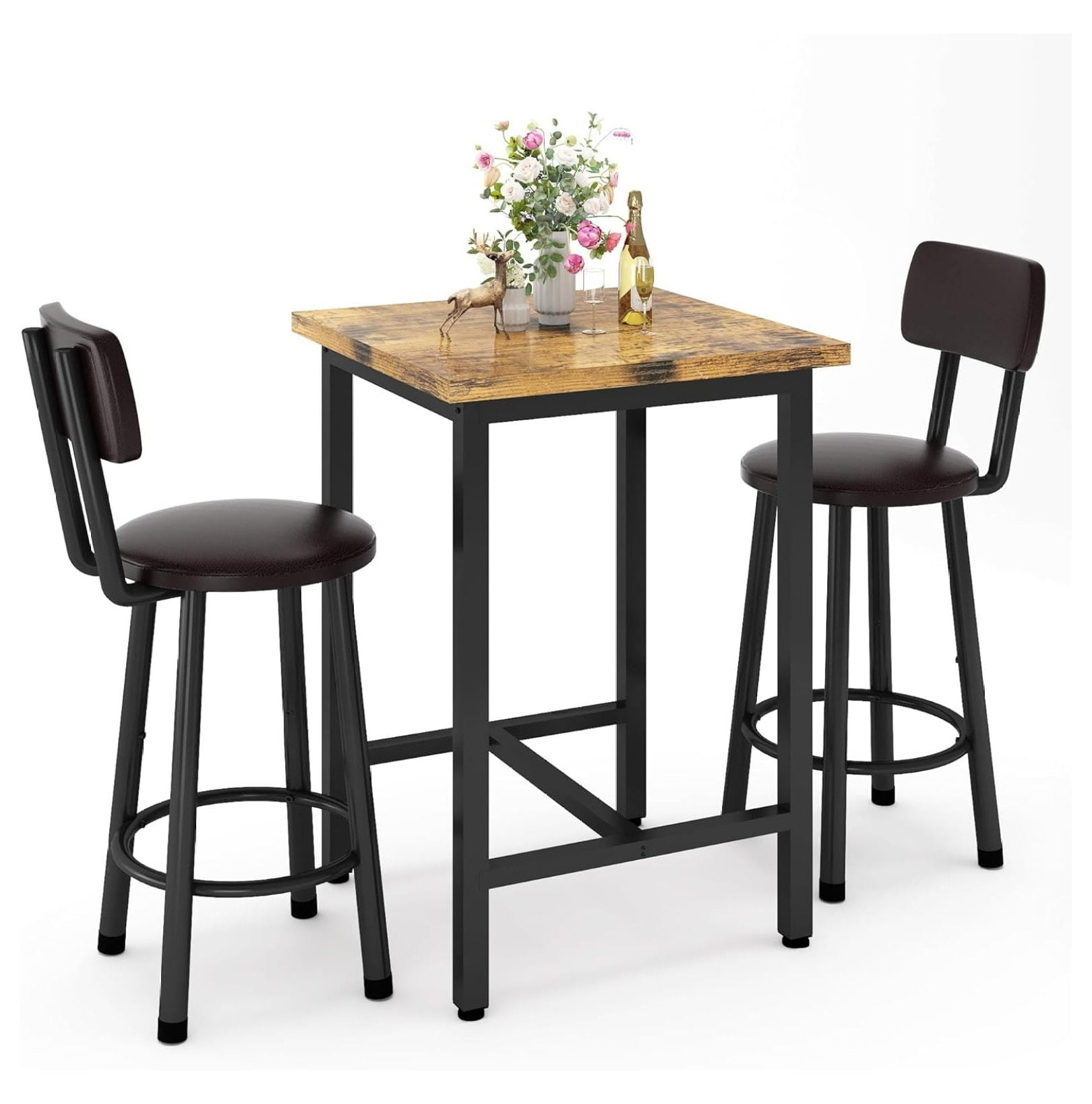 TiaGOC 3 Piece Pub Dining Set, Modern bar Table and Stools for 2 Kitchen Counter Height Wood Top Bistro Easy Assemble for Breakfast Nook Living Room Small Space Restaurant, Rustic Brown 24”