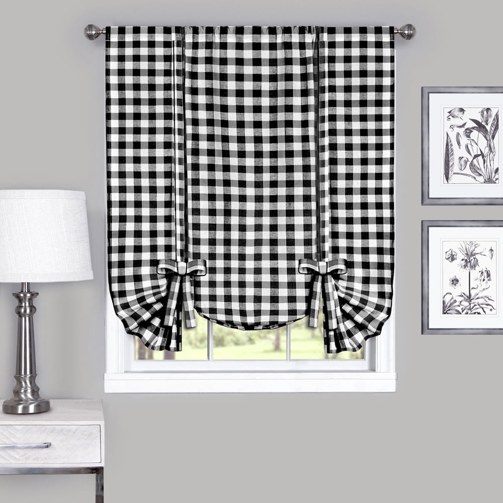 Buffalo Black Plaid Modern Window Curtain Panel : 42" x 63" Tie Up Shade - Single