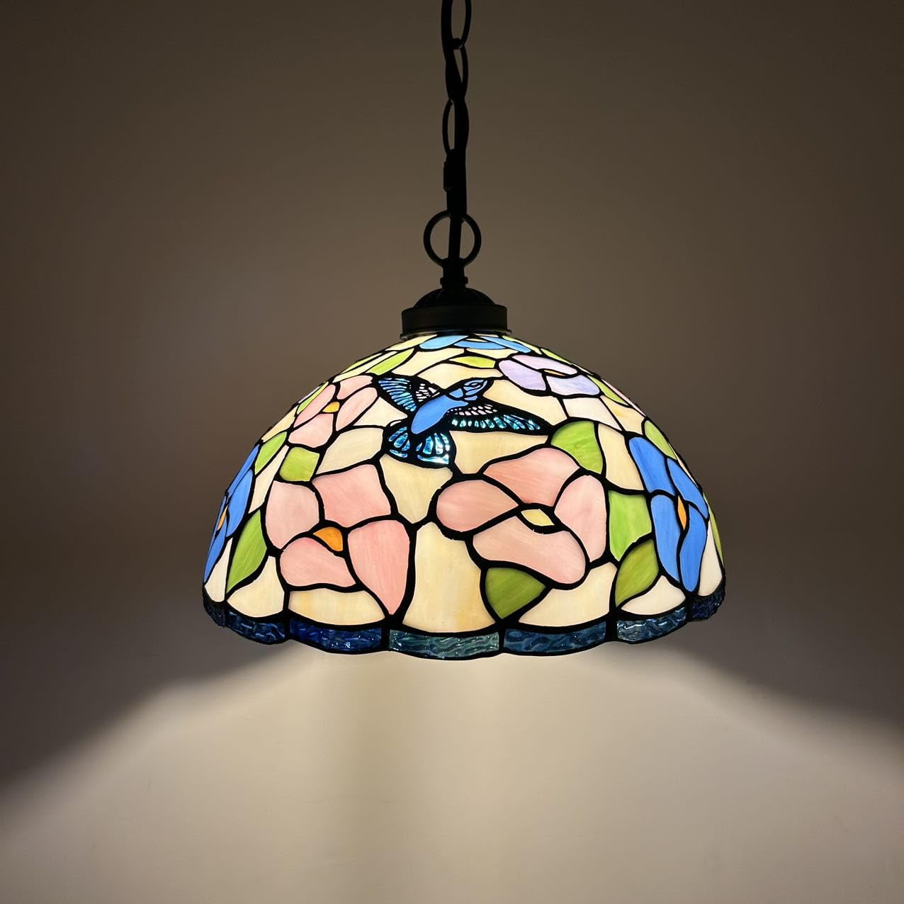 Fleur De Lis Living Kleist Tiffany Pendant Lighting Pink Blue Stained Glass Hummingbird Flowers LED Bulb Included 12”W*12”D*60”H