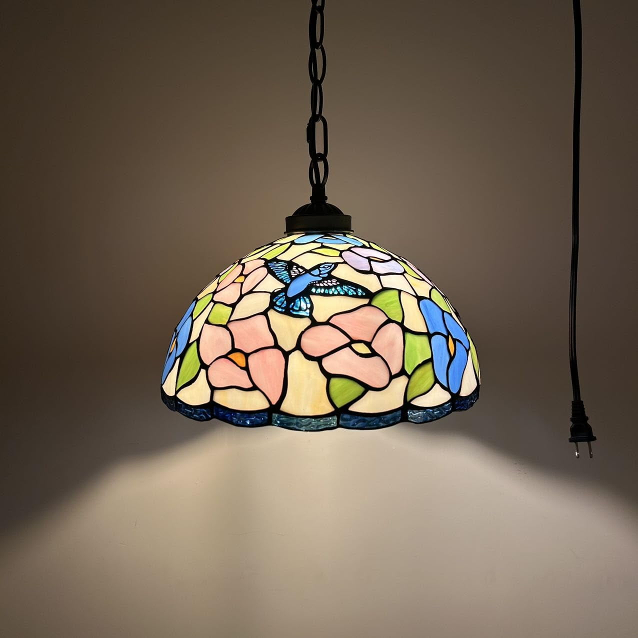 Fleur De Lis Living Kleist Tiffany Pendant Lighting Pink Blue Stained Glass Hummingbird Flowers LED Bulb Included 12”W*12”D*60”H