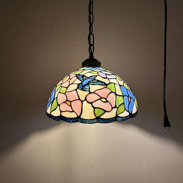 Fleur De Lis Living Kleist Tiffany Pendant Lighting Pink Blue Stained Glass Hummingbird Flowers LED Bulb Included 12”W*12”D*60”H