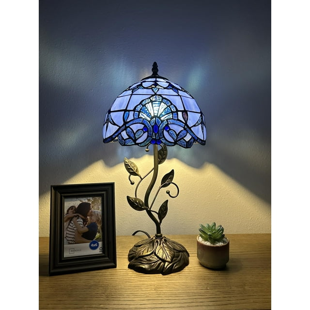 Tiffany Table Lamp Blue Stained Glass Baroque Style Lavender Iron Metal Leaves Bronze Base Included LED Bulb for Living Room Bedroom Bedside 10"W*10"D*20"H