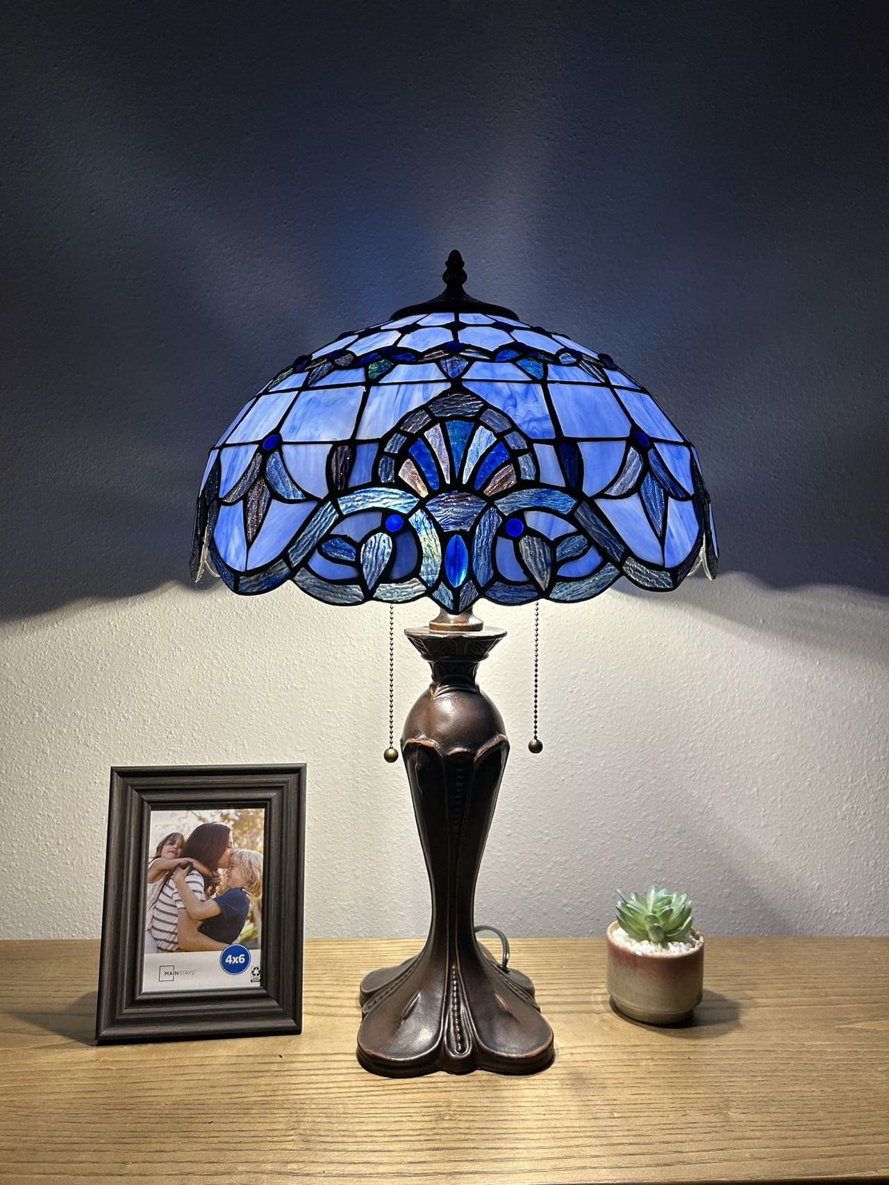 Tiffany Table Lamp Blue Stained Glass Baroque Style Lavender LED Bulbs Included for Living Room Bedroom Bedside 16'W*16"D*24"H