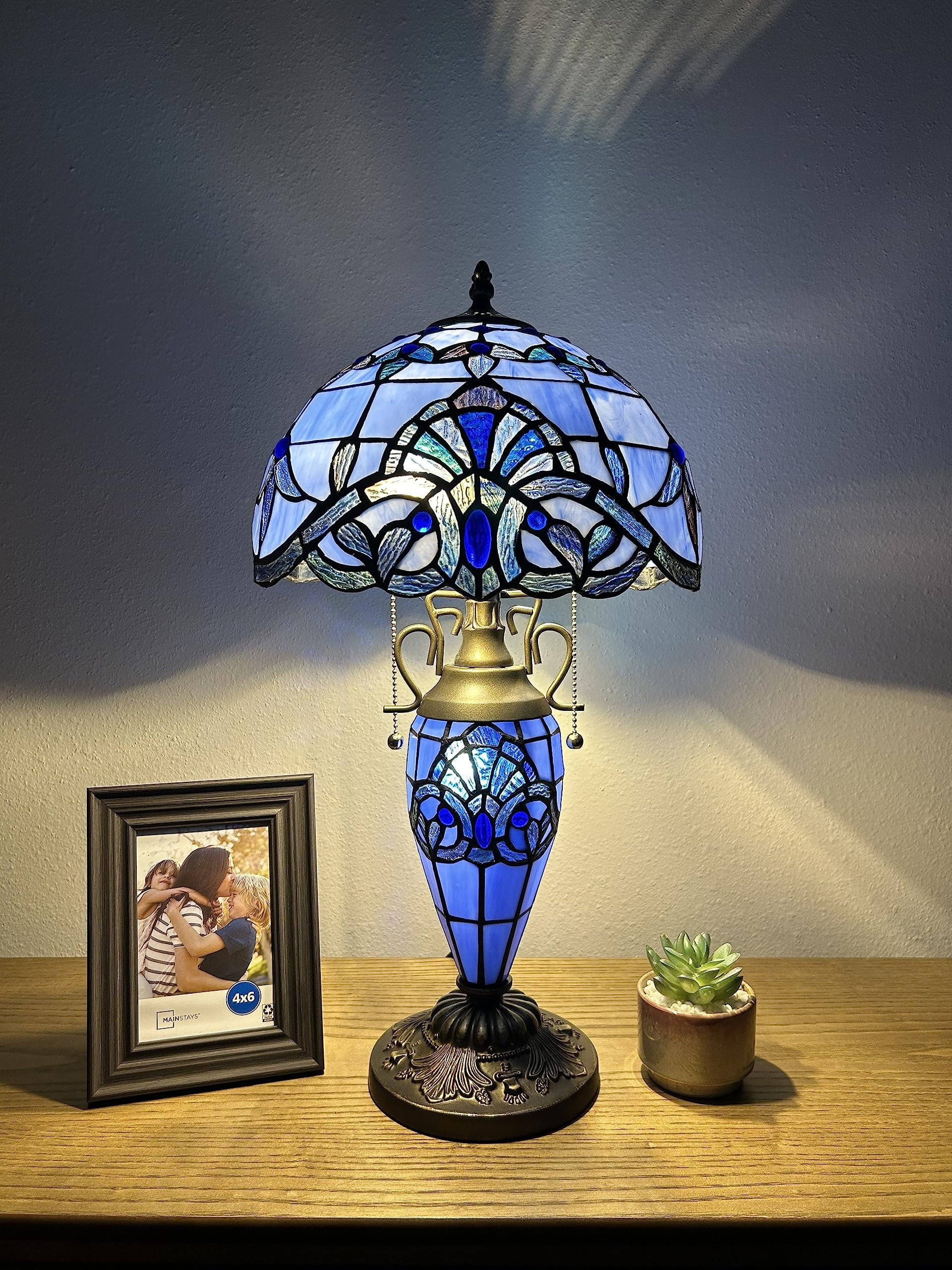 Tiffany Table Lamp Blue Stained Glass Baroque Style Lavender LED Bulbs Included for Living Room Dining Room Bedroom 12"W*12"D*22"H