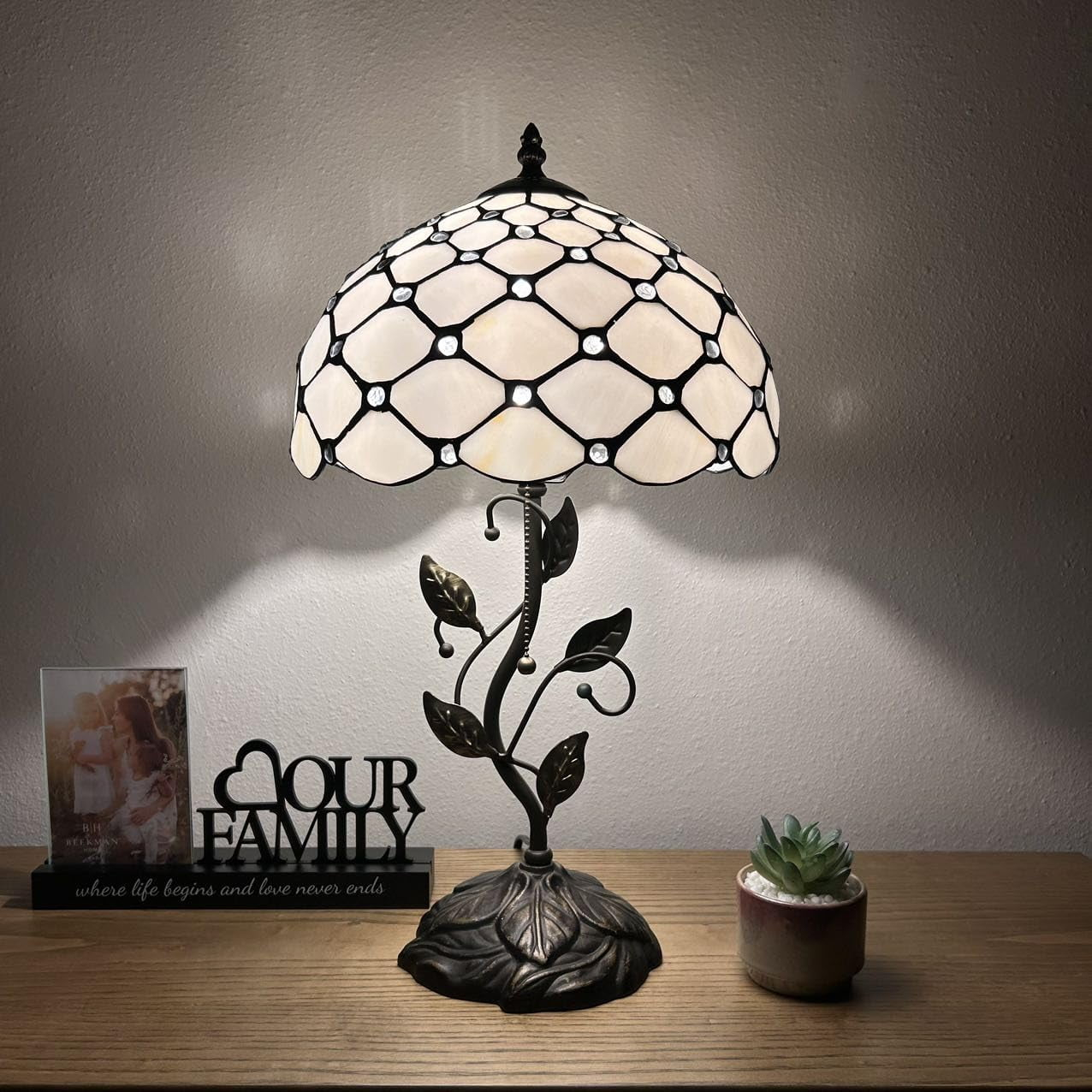 Tiffany Table Lamp White Stained Glass Crystal Beans Iron Metal Leaves Bronze Base Included LED Bulb for Living Room Dining Room Bedroom Bedside 12"W*12"D*22"H