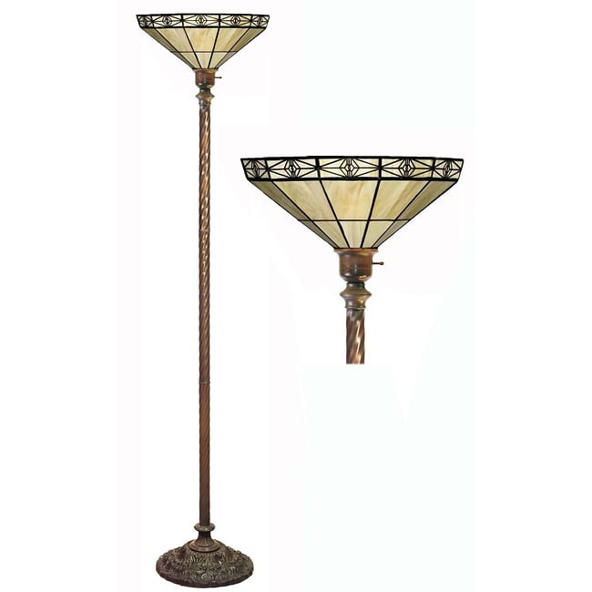 Tiffany-style Mission-style White Torchiere Floor Lamp with Durable White Zinc Construction