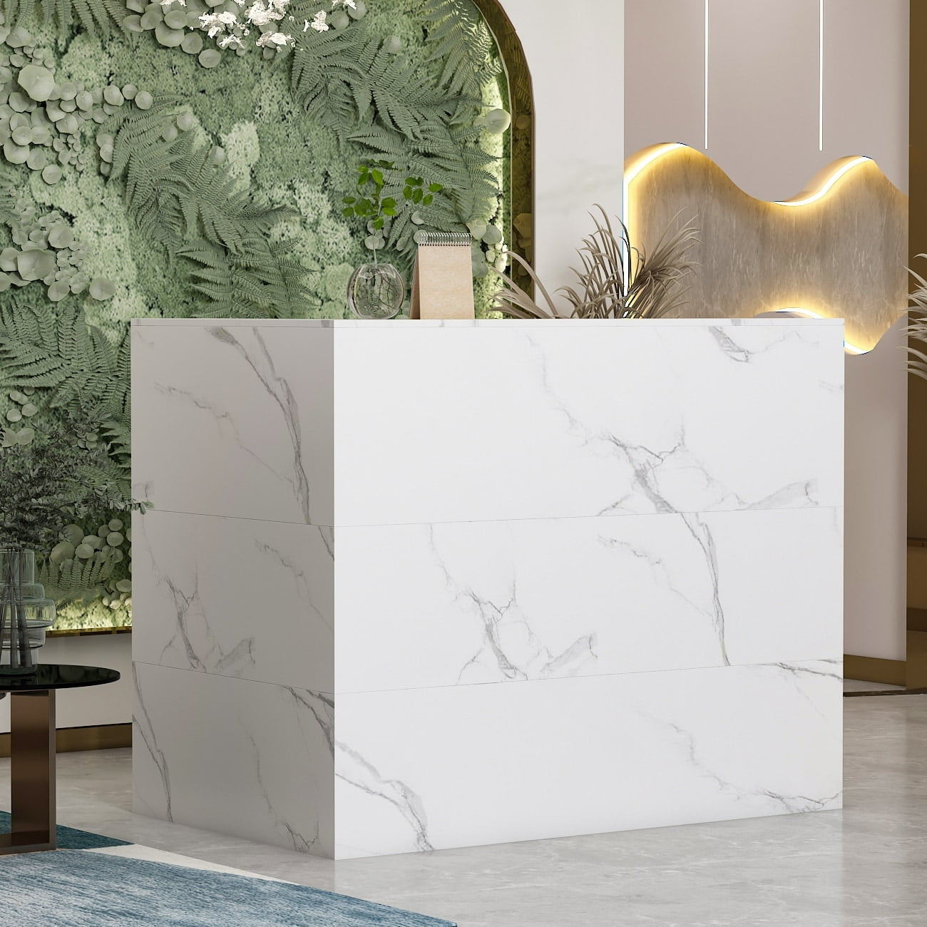 Timechee  Reception Desk L-Shaped Counter with  Drawers, Marble Texture