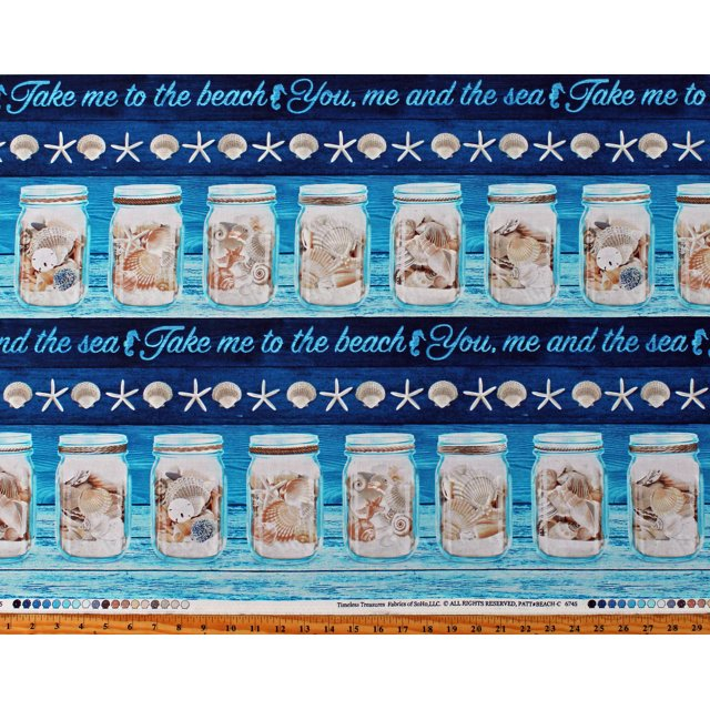 Cotton Seashells in Jars Beach Summer Vacation Travel Take Me To The Beach Blue Cotton Fabric Print by the Yard (BEACH-C6745-BLUE)