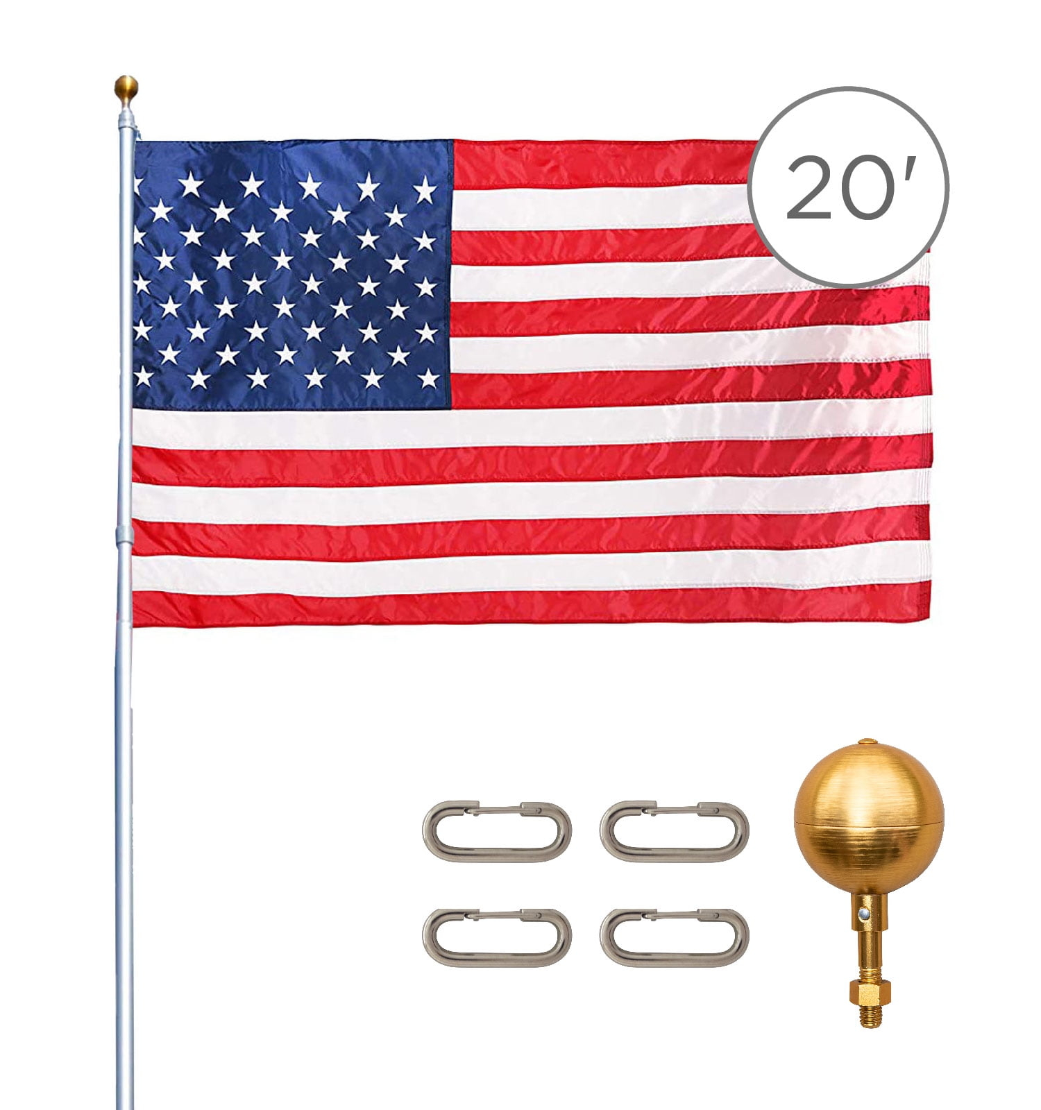 Titan Telescoping Flag Poles, 20ft Silver – Heavy Duty Flag Pole Kit, Includes Aluminum Telescoping Flag Pole, 4 x 6 American Flag, Hardware for 2 Flags and Detailed Installation Instructions