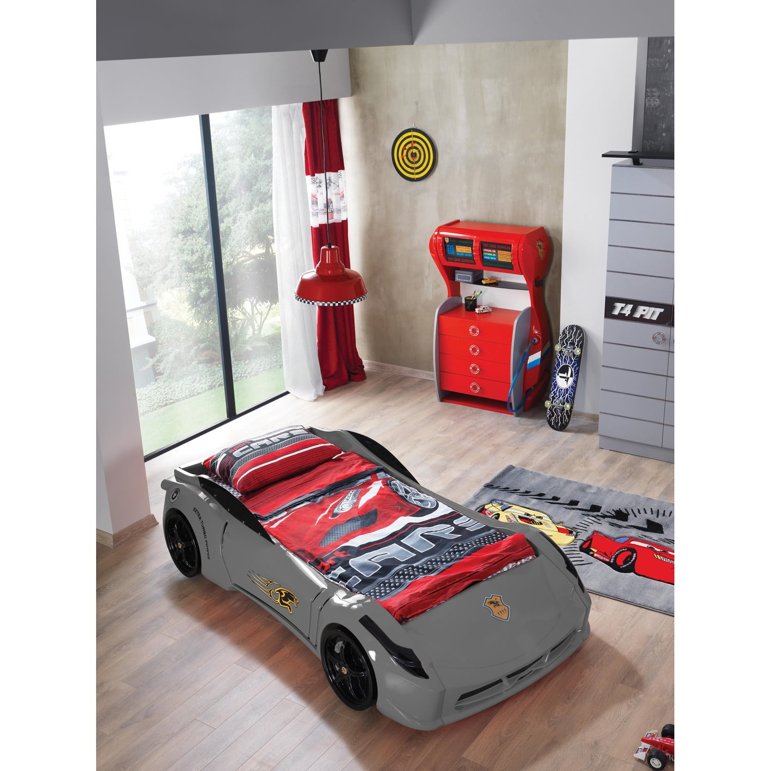 Titi Racer Modern Wood TT Twin Race Car Bed with Remote Control in Gray