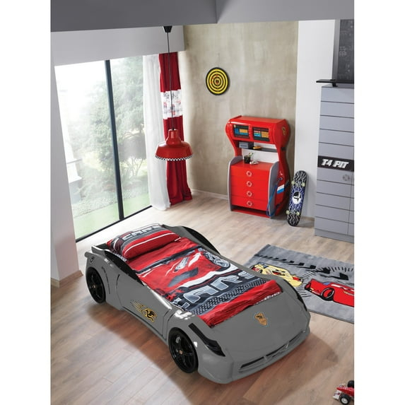Titi Racer Modern Wood TT Twin Race Car Bed with Remote Control in Gray