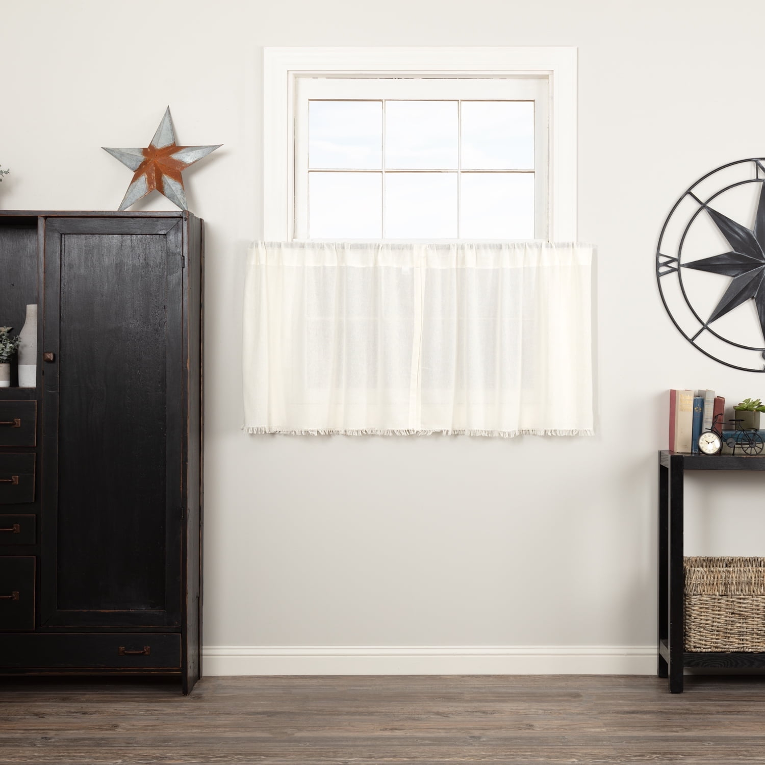 VHC Brands Tobacco Cloth Fringe Curtains Tier Set, L24xW36, Antique White
