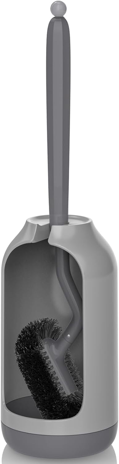 Toilet Bowl Brush Holder Set: Bathroom Deep Cleaning Toilet Cleaner Scrubber Under Rim with Curved Bristle for Dead Corner Clean - Hidden Rv Toilet Decorative Accessories with Caddy- Gray