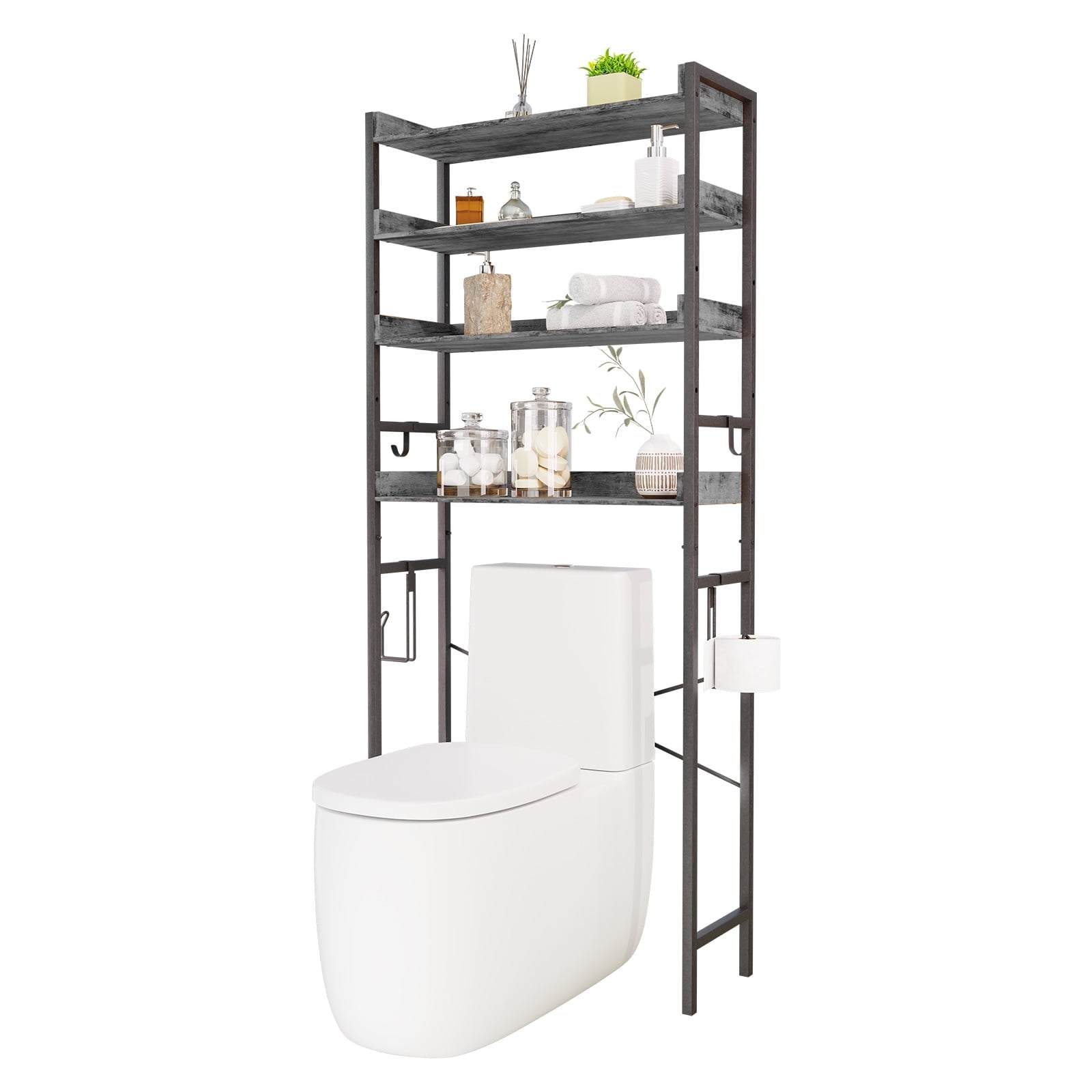 Over The Toilet Storage, 4-Tier Bathroom Organizer Over Toilet with Sturdy Bamboo Shelves, Multifunctional Toilet Shelf, Easy to Assemble and Saver Space, Gray