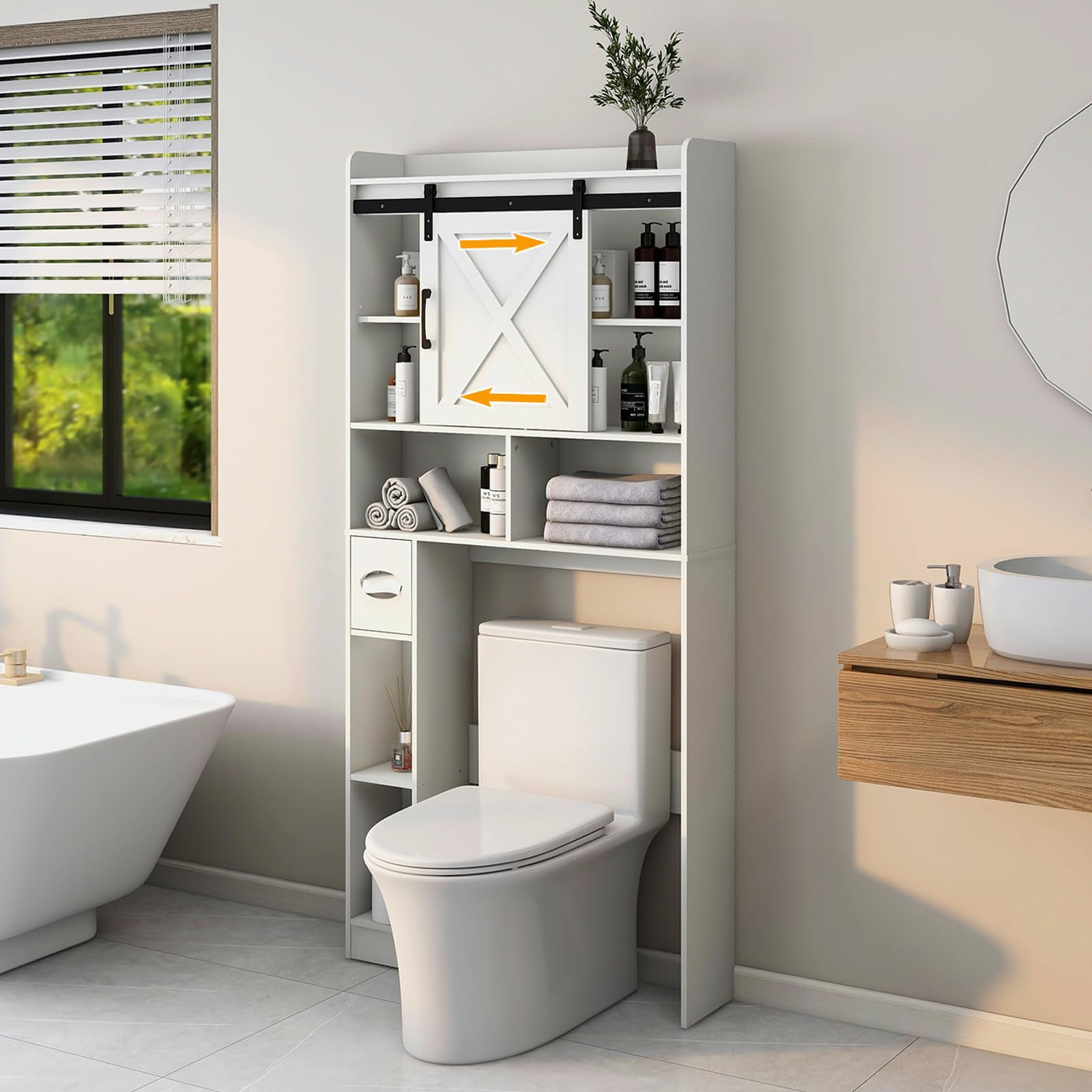 Over The Toilet Storage Cabinet, Farmhouse Storage Cabinet Over Toilet with Sliding Barn Door & Toilet Paper Holder Stand，Home Space-Saving Toilet Rack, for Bathroom, Restroom, Laundry（White）