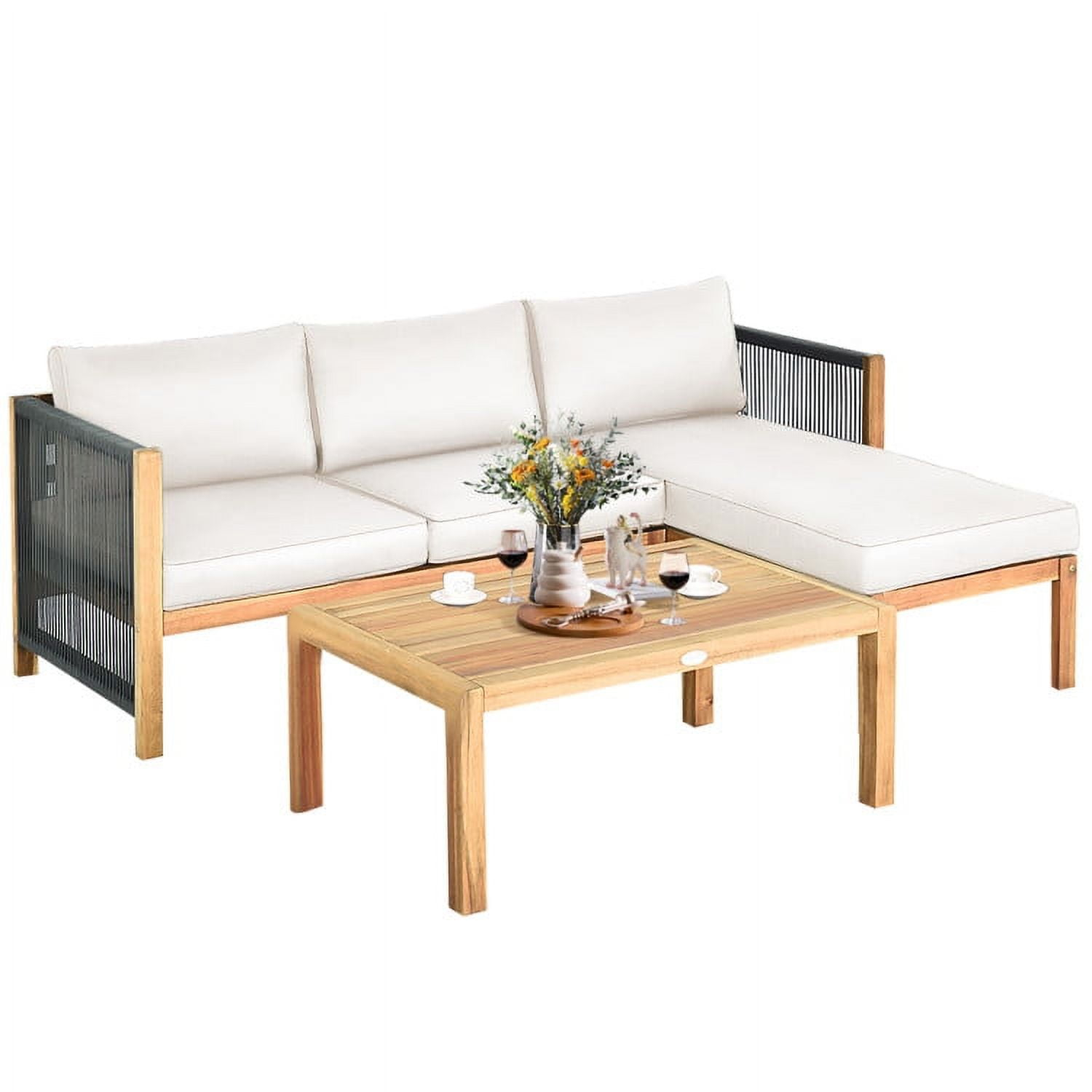 Topcobe 3 Piece Patio Acacia Sofa Set with Nylon Armrest, Outdoor Furniture, White
