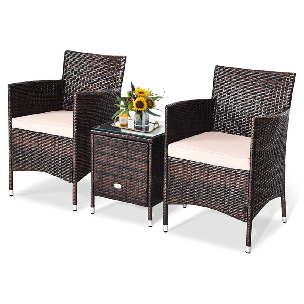Topcobe 3 Piece Patio Conversation Set Outdoor Rattan Wicker Furniture Set with Coffee Table & Chairs Patio Bistro with Seat Cushions for Garden Balcony Backyard Poolside