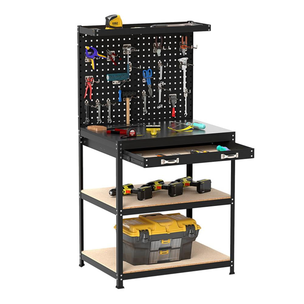 Topcobe 32 x 16 Inch Workbench Work Table with 2 PCs Pegboard Drawer and Shelves, Modern Furniture for Indoor-Black