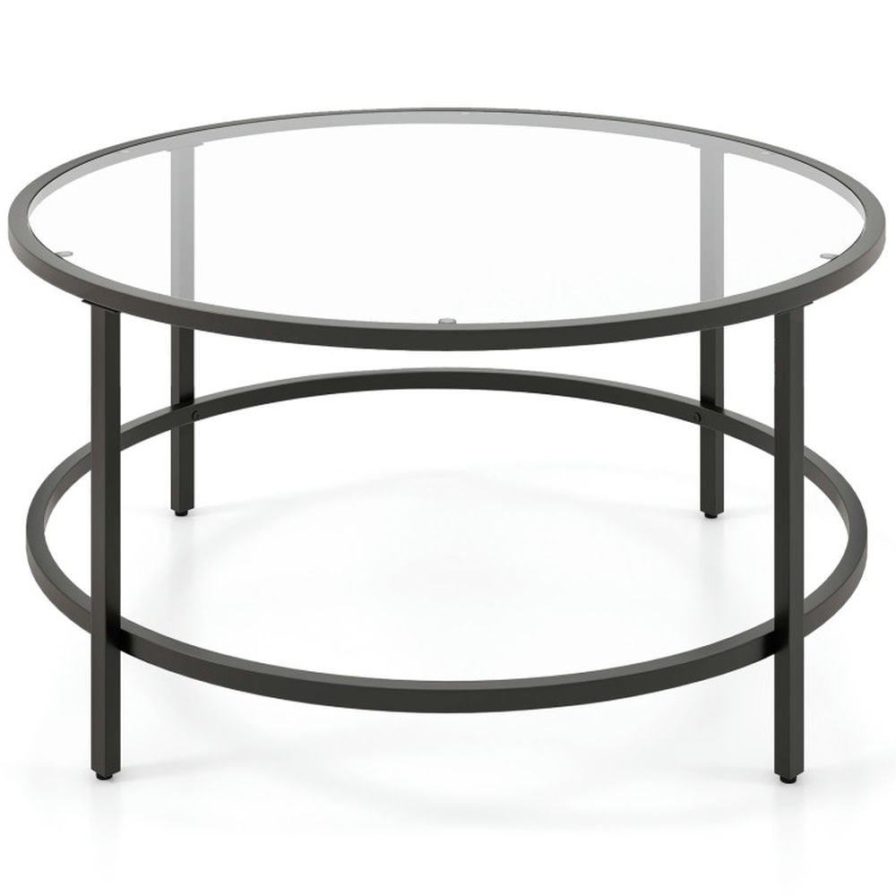 36" Round Glass Coffee Table, Black Circle Coffee Table Center Table with Glass Top, Small Coffee Table for Living Room, Office and Apartment