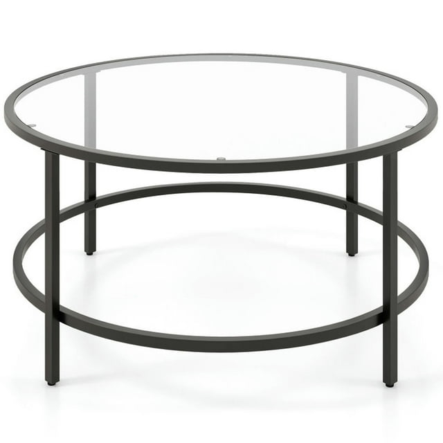 36" Round Glass Coffee Table, Black Circle Coffee Table Center Table with Glass Top, Small Coffee Table for Living Room, Office and Apartment