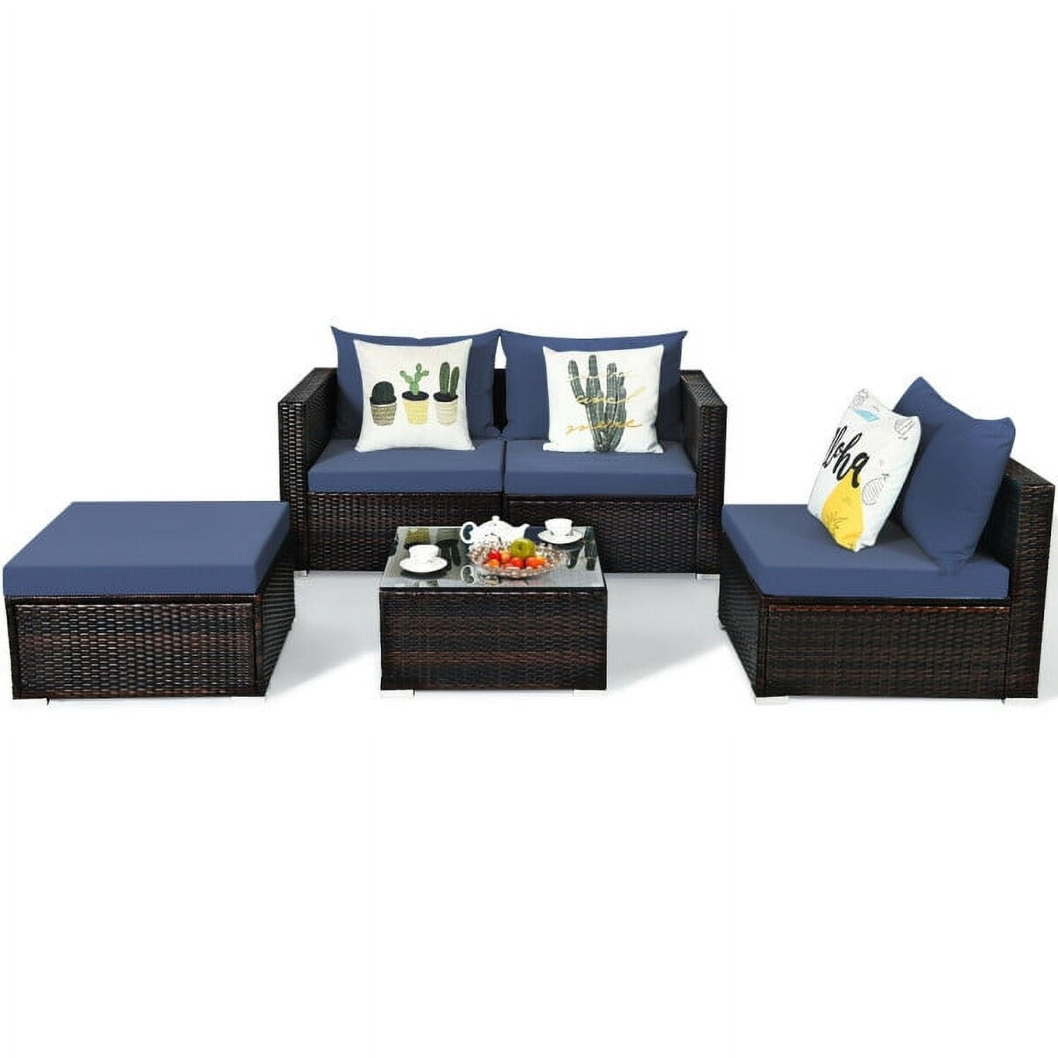 Kepooman Patio Furniture Sofa Set, Outdoor Conversation Sets, 5 Pieces Patio Rattan Sectional Furniture Set with Cushions and Coffee Table -Navy