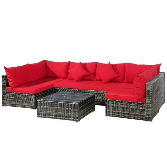 Demifill 7 Pieces Patio Rattan Furniture Set Sectional Sofa Garden Cushion, Patio Sofa Set with Comfortable Cushions, Patio Conversation Set for Outdoor, Red