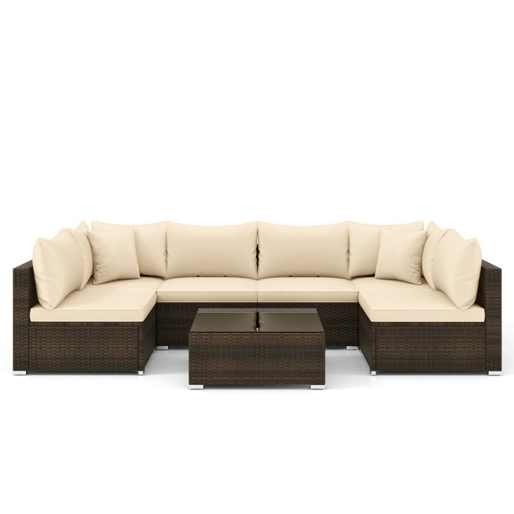 Topcobe 7 Pieces Patio Rattan Furniture Set with Sectional Sofa Cushions, Outdoor Patio Furniture-Beige