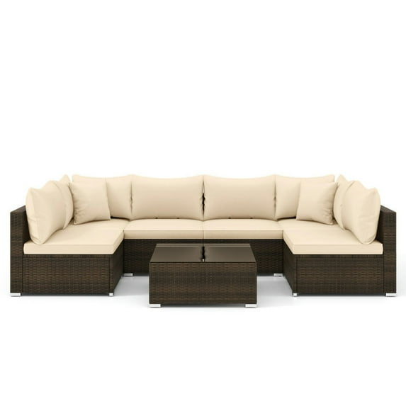 Topcobe 7 Pieces Patio Rattan Furniture Set with Sectional Sofa Cushions, Outdoor Patio Furniture-Beige