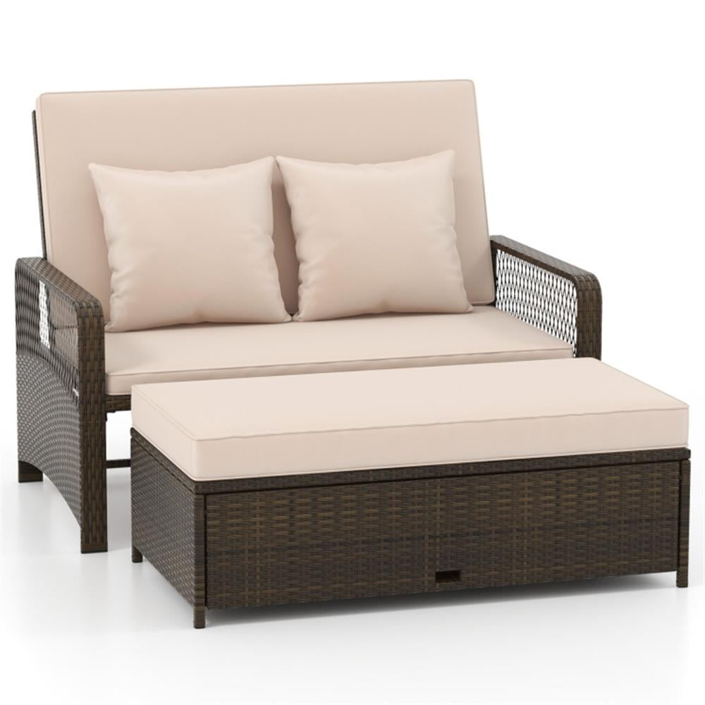 Topcobe Patio Adjustable Wicker Daybed with 4-Level Backrest and Soft Cushions, Modern Outdoor Furniture for Patio Backyard, Garden-Beige