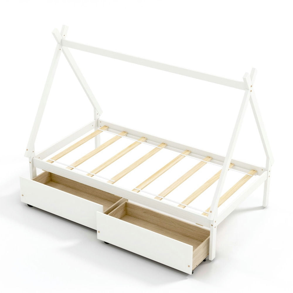 Kepooman Bed Frame, Platform Bed,Twin Size Wooden Tent Platform House Bed with 2 Drawers-White