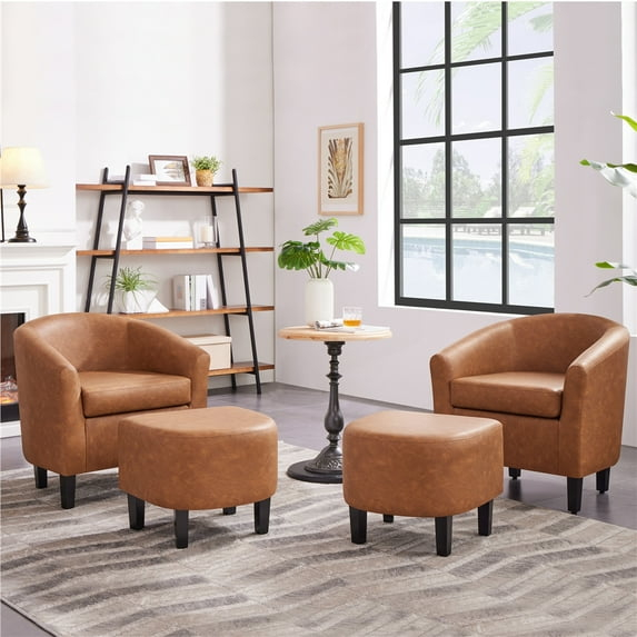 Topeakmart Faux Leather Club Accent Chair and Ottoman Set for Living Room, Brown