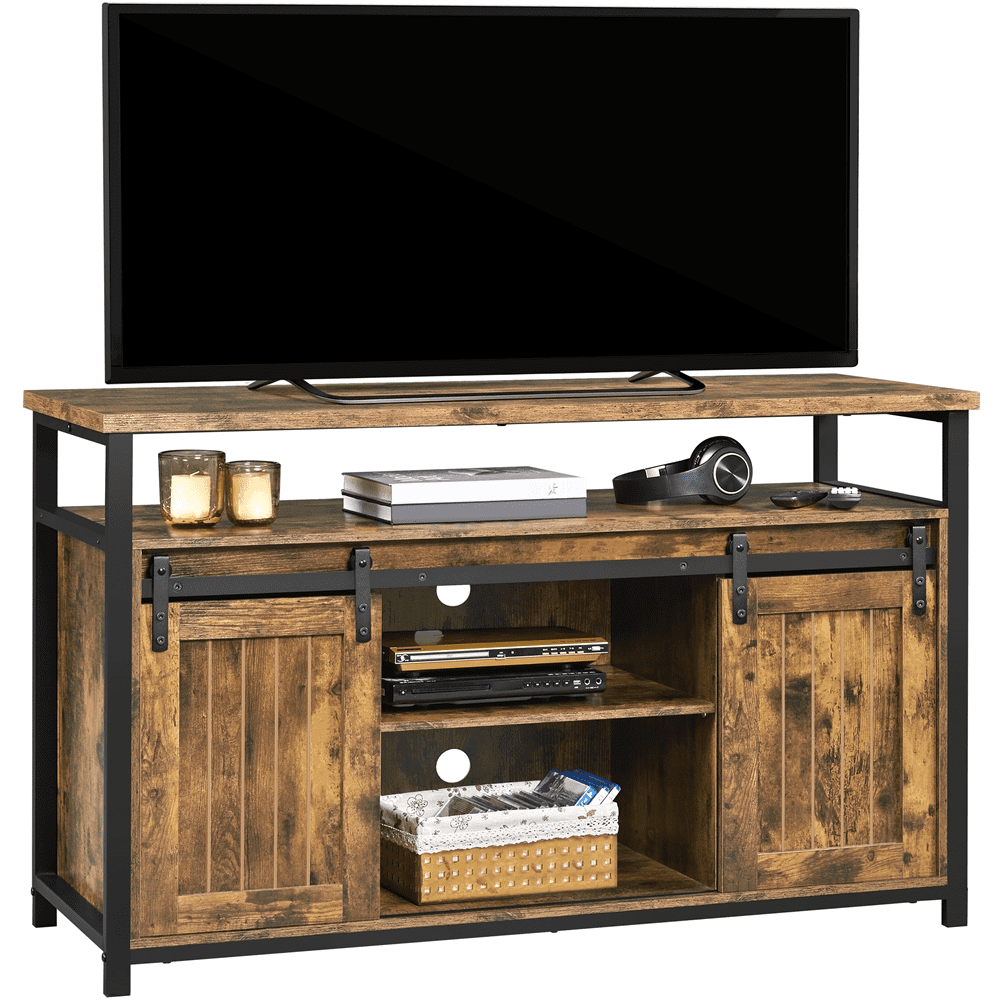 Alden Design Industrial Wooden Television Stand with Sliding Barn Doors for TVs up to 65in, Rustic Brown