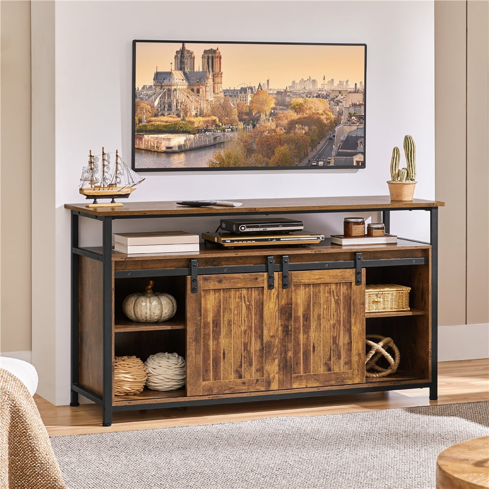 Alden Design Industrial Wooden Television Stand with Sliding Barn Doors for TVs up to 65in, Rustic Brown