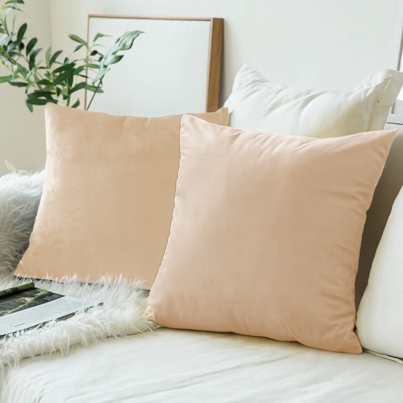 Toptie Set of 2 Velvet Pillow Covers 18" x 18", Throw Cushion Case for Sofa Bedroom (Beige)