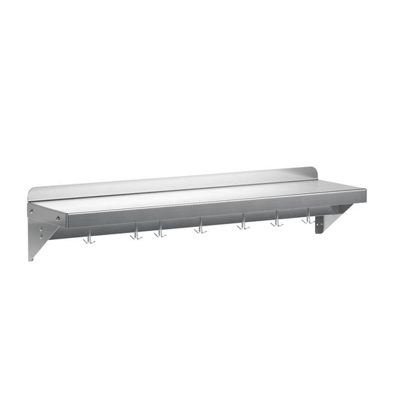Towallmark Stainless Steel Shelf, NSF Commercial Shelf Wall Mounted, Wall Shelf Floating Shelving for Restaurant, Kitchen, Home, Hotel, 48 x 12 Inches Flat Surface with 7 Hooks