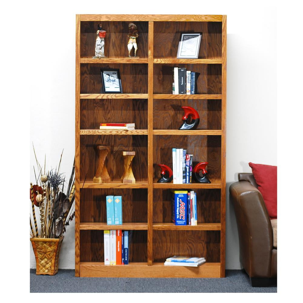 Traditional 84" Tall 12-Shelf Double Wide Wood Bookcase in Dry Oak