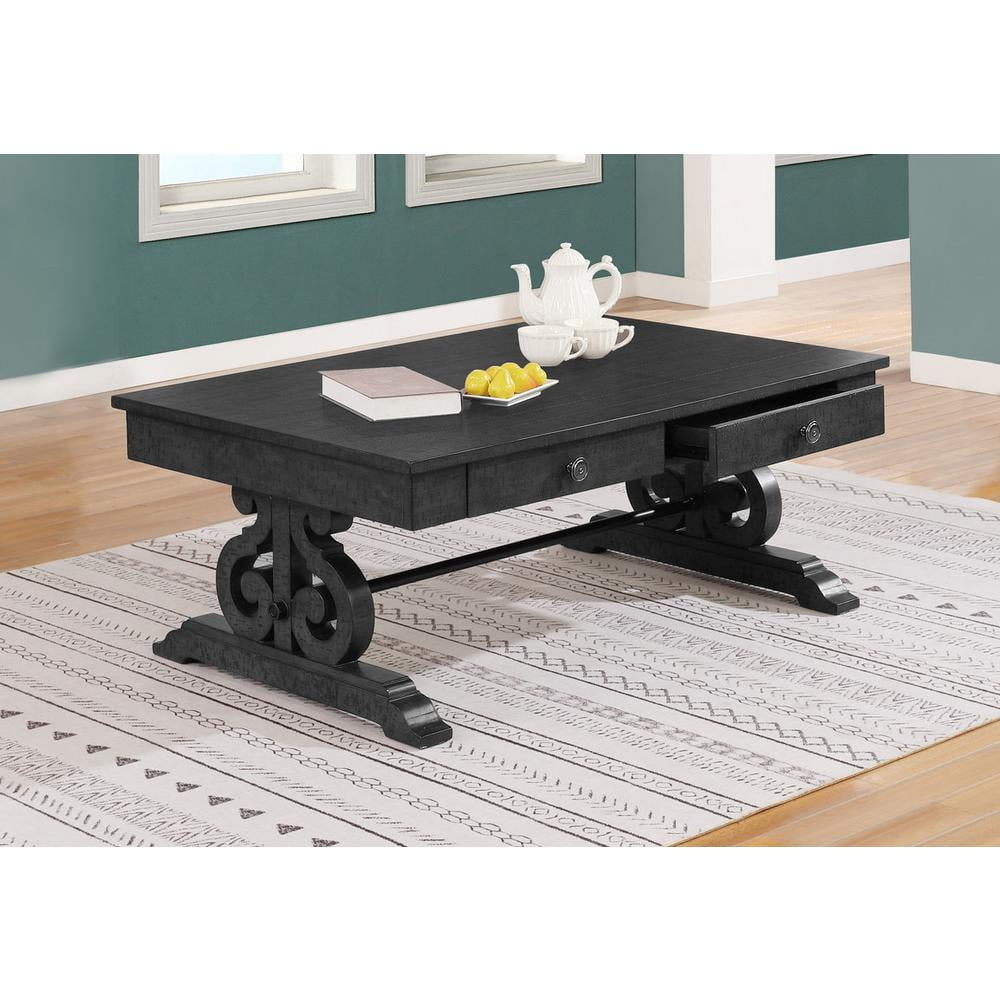 Traditional Coffee Table in Rustic Dark Gray Wood and 2 Storage Drawers