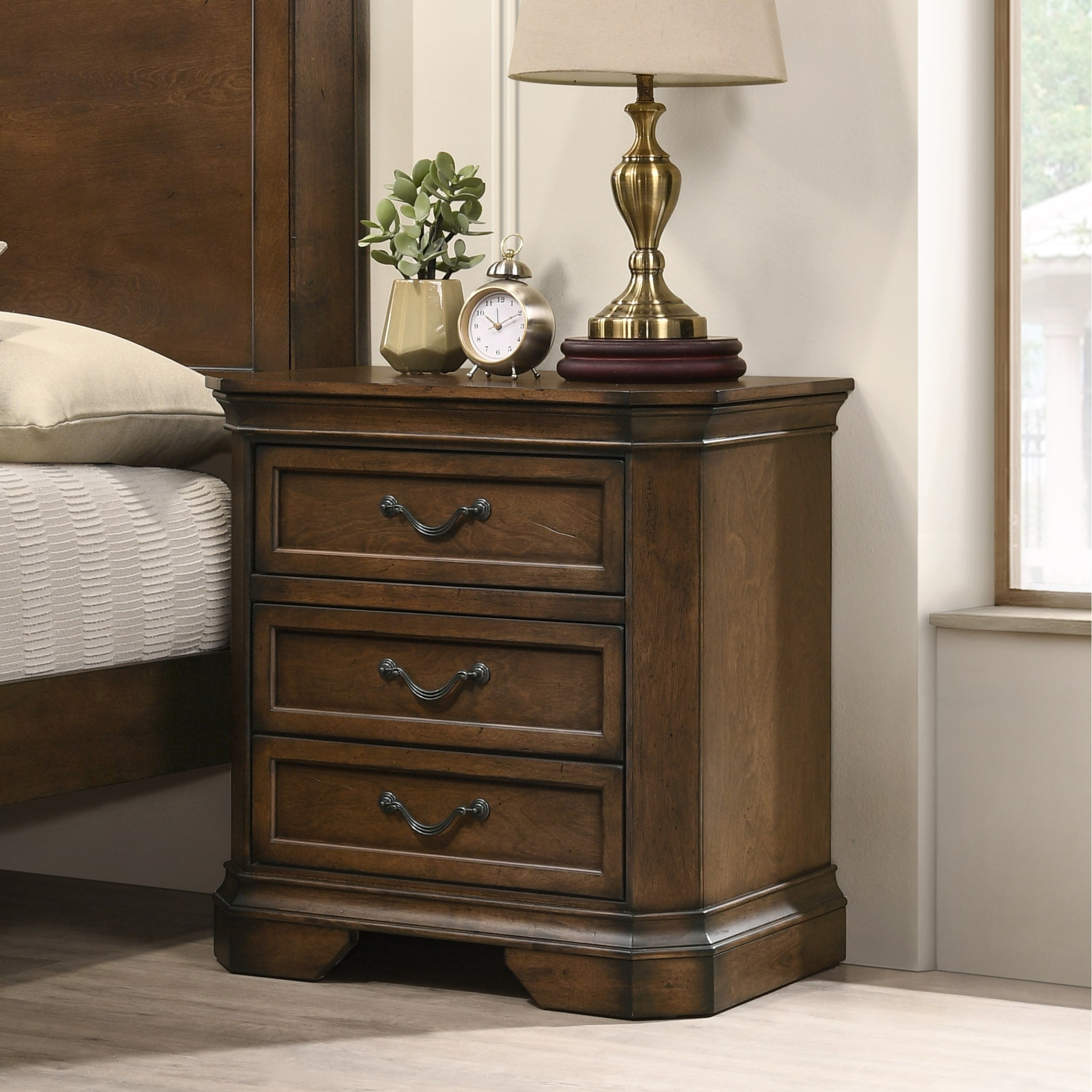 Antique Walnut Brown 3-Drawer Solid Wood Nightstand