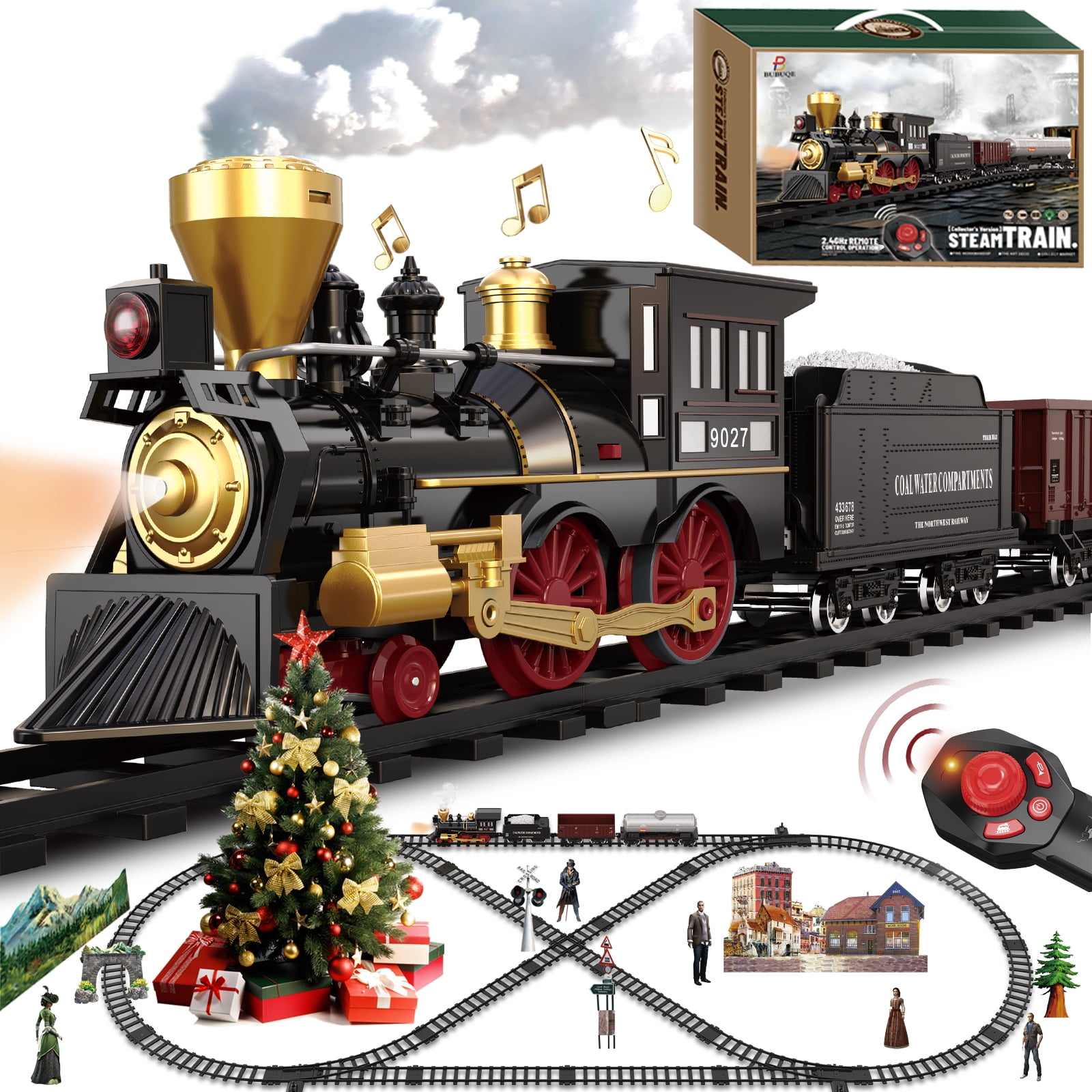 Train Set for Kids Remote Control Christmas Train Toys w/Steam Locomotive,Passenger Carriage & Luxury Tracks, Electric Trains w/Realistic Smoke,Sounds & Lights, Birthday Gift for Boys Girls 3 4 5 6 7