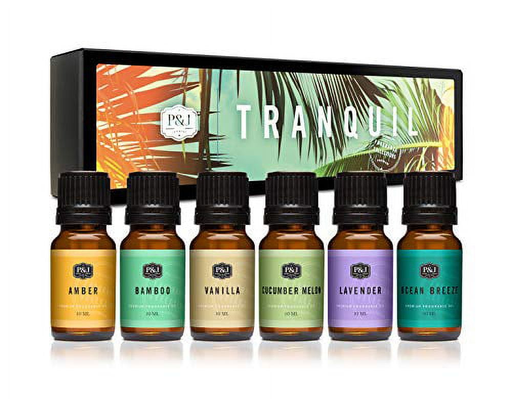 Tranquil Set of 6 Fragrance Oils - Premium Grade Scented Oil - 10ml - Vanilla, Cucumber Melon, Lavender, Amber, Bamboo, Ocean Breeze