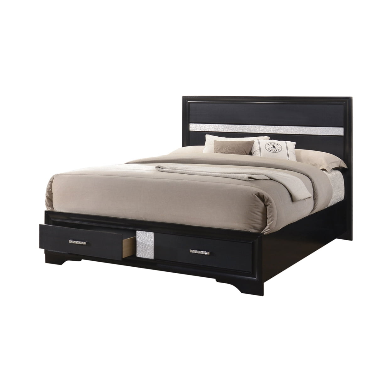 Transitional 2 Drawer Wooden Queen Size Bed with Glitter Stripe Black - Saltoro Sherpi